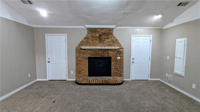 unfurnished living room with carpet flooring, lofted ceiling, crown molding, and a textured ceiling