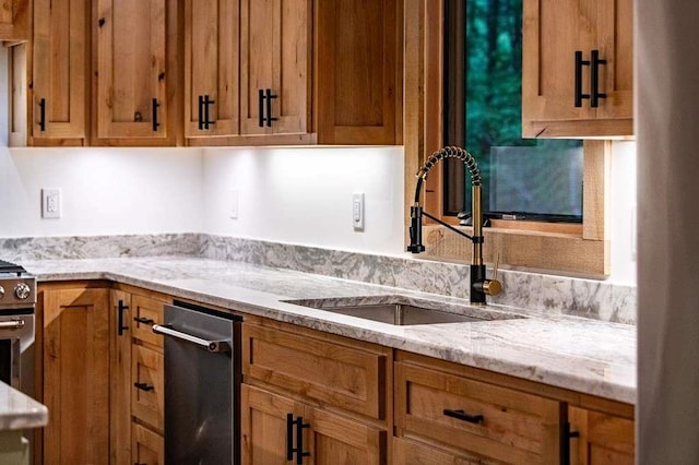 74 Cohutta Overlook Way, Blue Ridge, GA 30513 - kitchen featuring a sink, light stone countertops, and brown cabinets