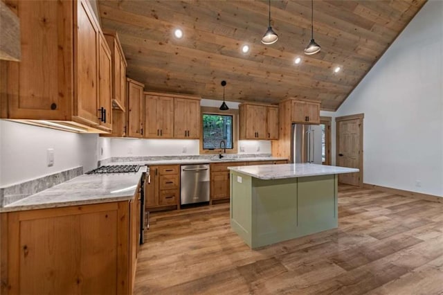 74 Cohutta Overlook Way, Blue Ridge, GA 30513 - kitchen with stainless steel appliances, light wood-type flooring, a sink, wood ceiling, and a kitchen island