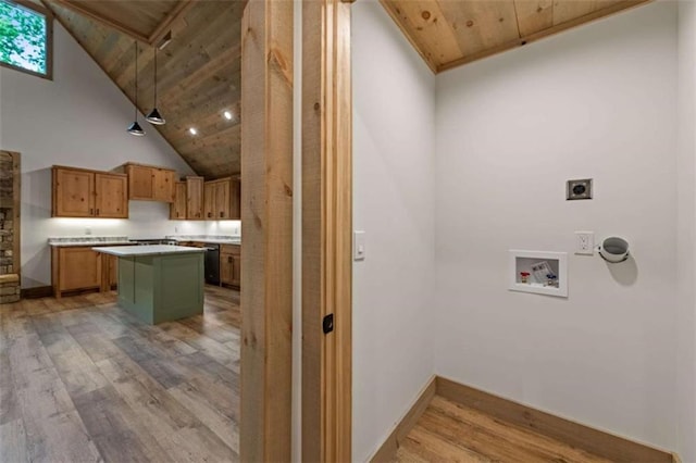 74 Cohutta Overlook Way, Blue Ridge, GA 30513 - clothes washing area featuring hookup for an electric dryer, light wood-style floors, washer hookup, wooden ceiling, and a towering ceiling