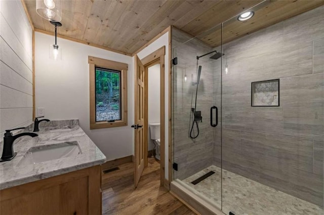 74 Cohutta Overlook Way, Blue Ridge, GA 30513 - bathroom featuring wood finished floors, wood ceiling, a stall shower, toilet, and recessed lighting
