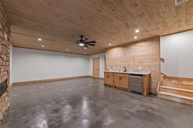 74 Cohutta Overlook Way, Blue Ridge, GA 30513 - indoor wet bar featuring wood ceiling, finished concrete floors, stainless steel dishwasher, a stone fireplace, and ceiling fan