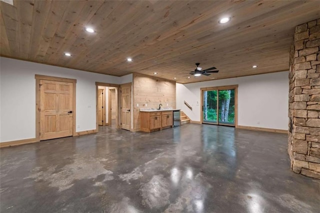 74 Cohutta Overlook Way, Blue Ridge, GA 30513 - unfurnished living room with concrete flooring, baseboards, recessed lighting, wood ceiling, and ceiling fan