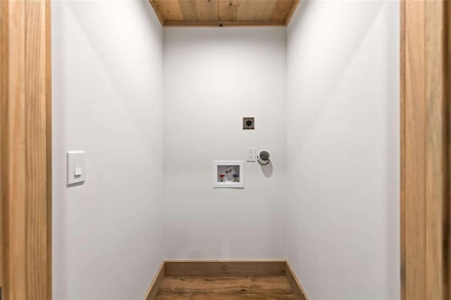 74 Cohutta Overlook Way, Blue Ridge, GA 30513 - laundry area with hookup for an electric dryer, hookup for a washing machine, wood finished floors, wooden ceiling, and baseboards