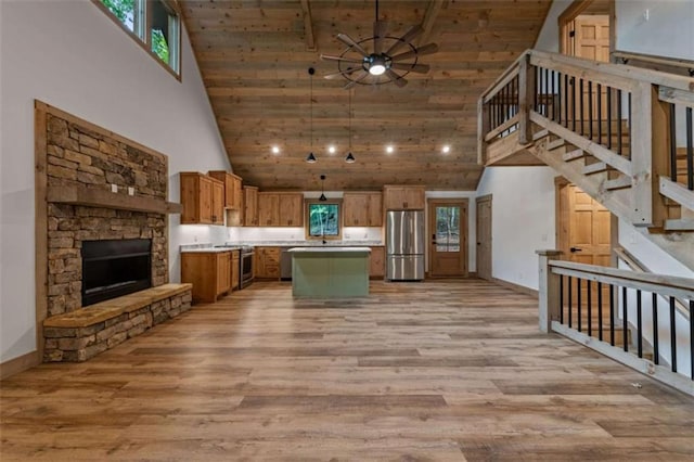 74 Cohutta Overlook Way, Blue Ridge, GA 30513 - kitchen with stainless steel appliances, high vaulted ceiling, light wood finished floors, wooden ceiling, and light countertops