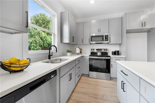 150 Chandler Trce, Covington, GA 30016 - kitchen with appliances with stainless steel finishes, a sink, gray cabinets, light countertops, and light wood-style floors