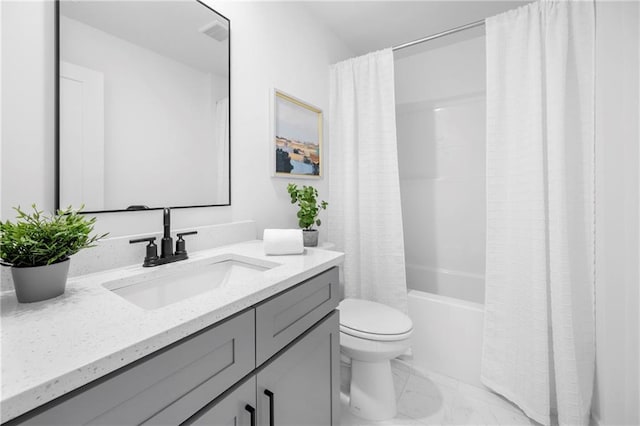 150 Chandler Trce, Covington, GA 30016 - bathroom featuring vanity, marble finish flooring, toilet, and shower / tub combo with curtain