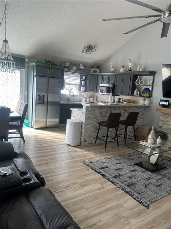 living room featuring vaulted ceiling, a healthy amount of sunlight, and light hardwood / wood-style flooring