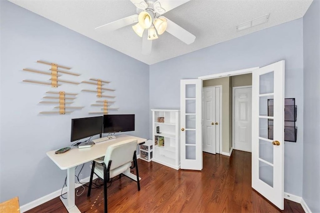 office with french doors, baseboards, ceiling fan, and wood finished floors