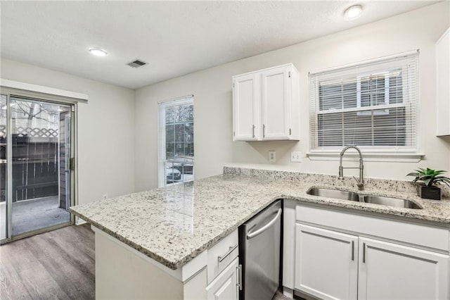 kitchen featuring sink, stainless steel dishwasher, white cabinetry, and kitchen peninsula