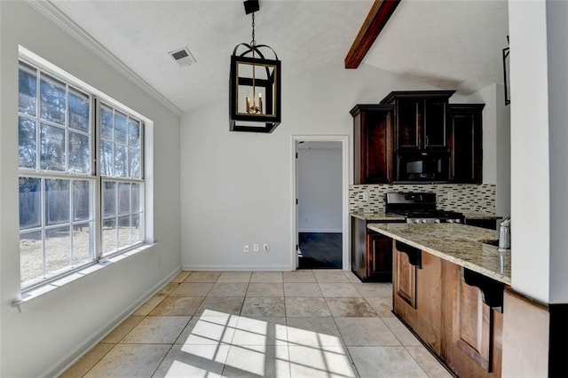 kitchen with tasteful backsplash, light stone counters, decorative light fixtures, lofted ceiling with beams, and stainless steel range