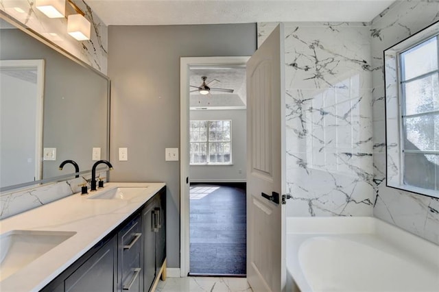 bathroom featuring plenty of natural light, a bathing tub, and vanity