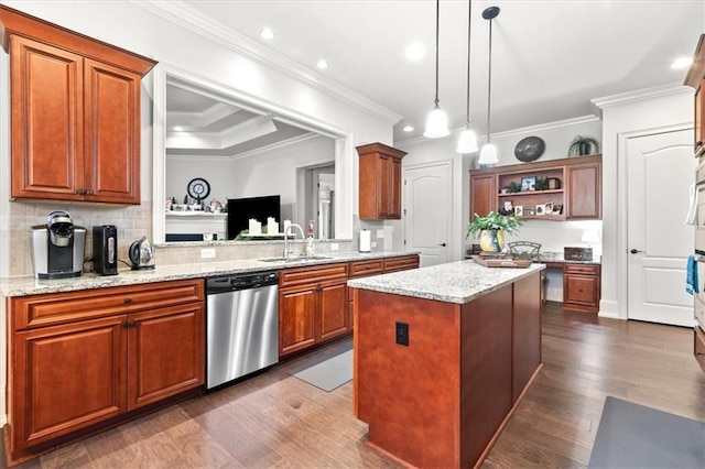 kitchen with dishwasher, a center island, hanging light fixtures, dark hardwood / wood-style floors, and ornamental molding