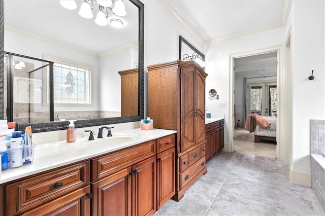 bathroom featuring vanity, walk in shower, crown molding, and a notable chandelier