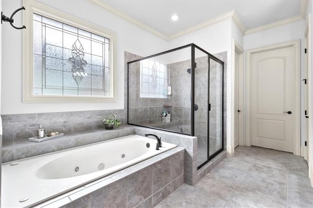 bathroom with tile patterned floors, ornamental molding, and plus walk in shower