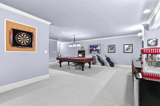 recreation room featuring carpet floors, crown molding, and pool table