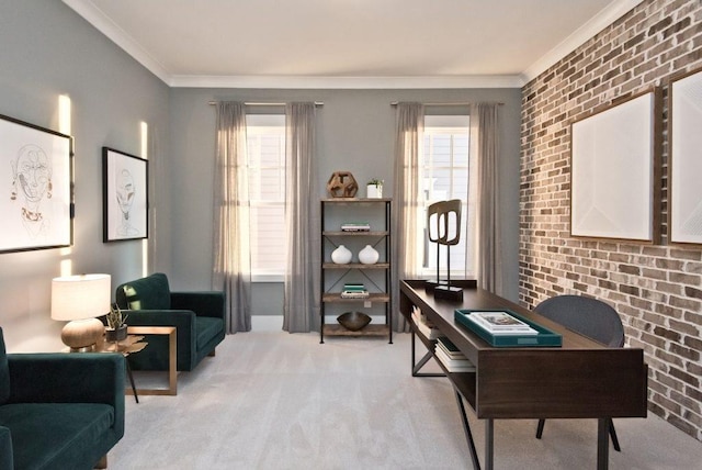 office area with crown molding, brick wall, and light carpet