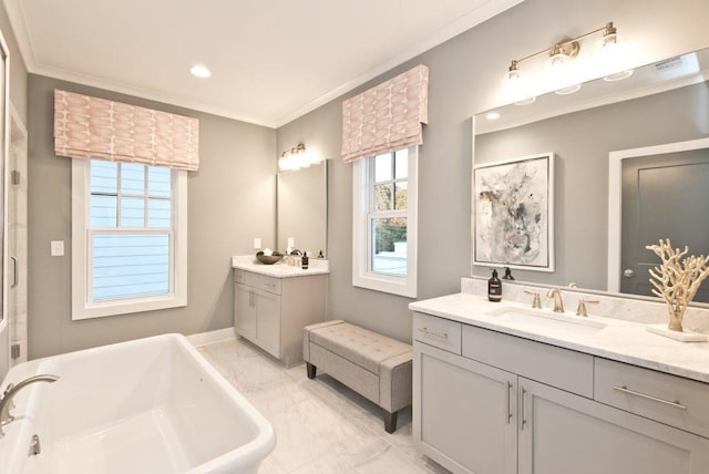 full bath featuring ornamental molding, a wealth of natural light, a sink, and marble finish floor