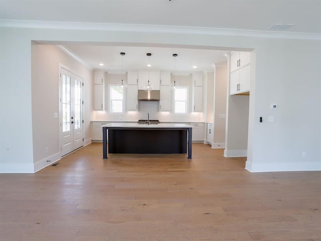 1415 Coretta Bnd, Atlanta, GA 30318 - kitchen with white cabinetry, under cabinet range hood, tasteful backsplash, baseboards, and light wood finished floors