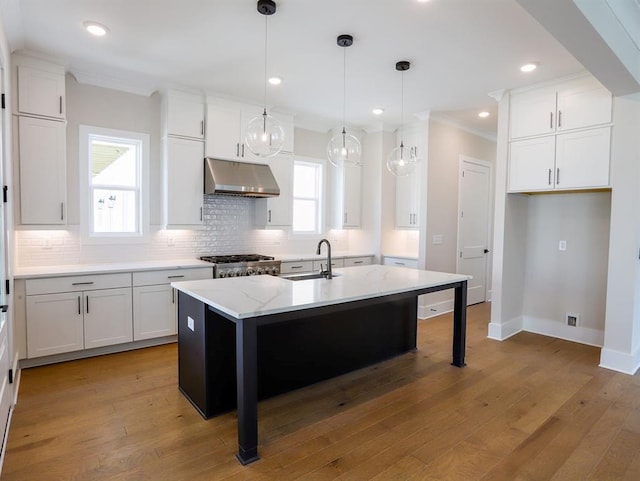 1415 Coretta Bnd, Atlanta, GA 30318 - kitchen featuring a sink, under cabinet range hood, backsplash, baseboards, and crown molding
