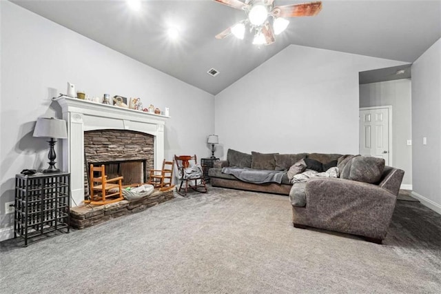 living area with carpet, visible vents, and lofted ceiling