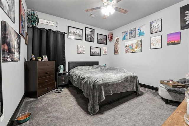 bedroom featuring carpet floors, a ceiling fan, visible vents, and baseboards