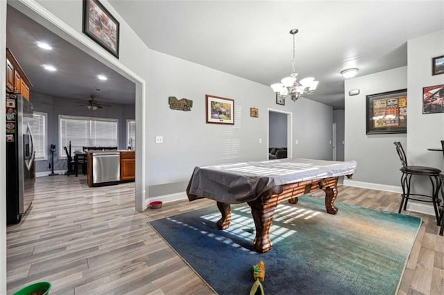 recreation room with light wood finished floors, billiards, baseboards, and ceiling fan