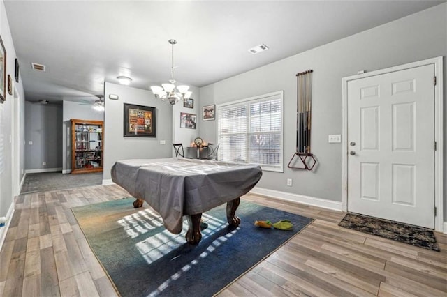 game room featuring light wood-style flooring, visible vents, baseboards, and pool table