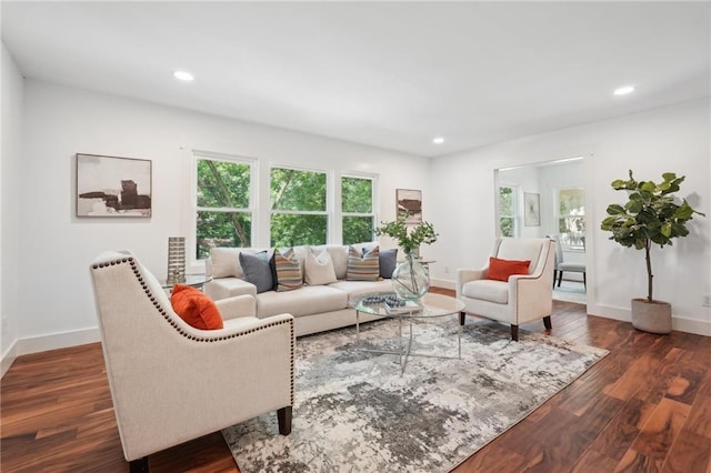 living area with recessed lighting, baseboards, and wood finished floors