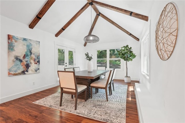 dining area featuring baseboards, high vaulted ceiling, dark wood finished floors, beam ceiling, and french doors