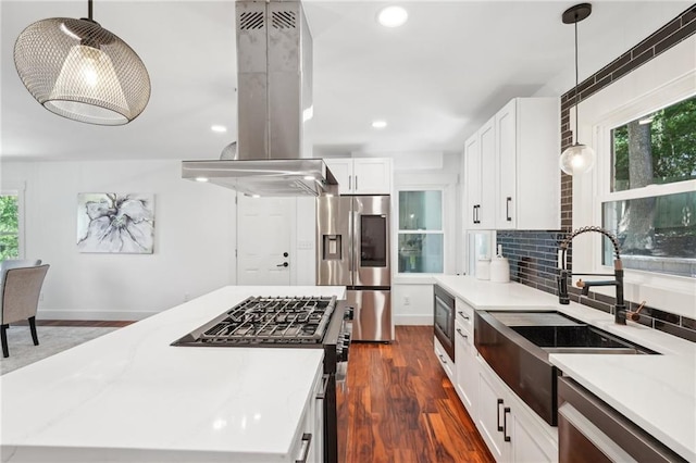 kitchen featuring backsplash, dark wood finished floors, island exhaust hood, stainless steel appliances, and a sink