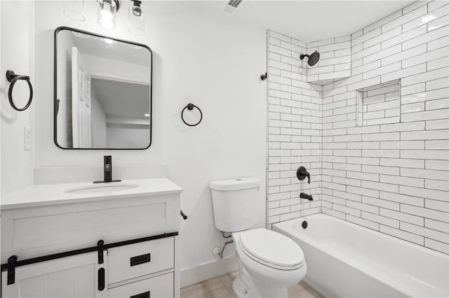 bathroom with vanity, baseboards, visible vents, toilet, and shower / bathtub combination