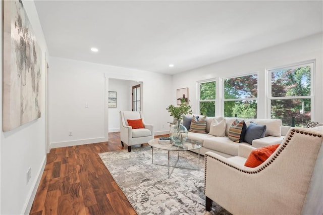 living area featuring recessed lighting, wood finished floors, and baseboards