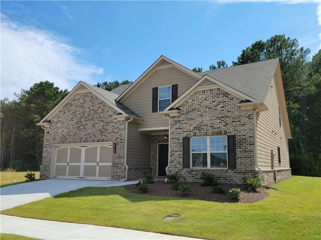 craftsman house featuring concrete driveway, brick siding, an attached garage, and a front yard