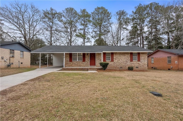 single story home with a front yard and a carport