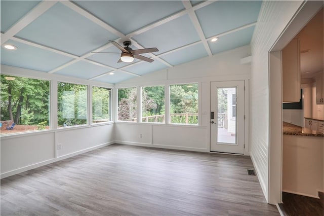 3323 Lancing Ct, Duluth, GA 30096 - unfurnished sunroom featuring wood finished floors, recessed lighting, baseboards, coffered ceiling, and a wooden deck