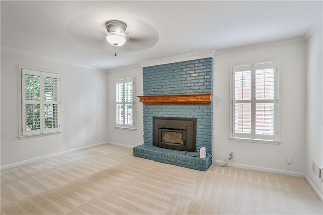 3323 Lancing Ct, Duluth, GA 30096 - unfurnished living room with carpet, ornamental molding, a ceiling fan, a brick fireplace, and baseboards
