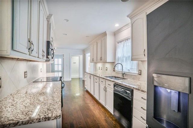 3323 Lancing Ct, Duluth, GA 30096 - kitchen featuring a sink, dishwasher, tasteful backsplash, dark wood-type flooring, and ornamental molding