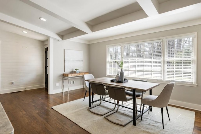 dining area with beamed ceiling, recessed lighting, baseboards, and wood finished floors