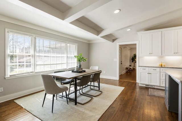 dining space featuring recessed lighting, dark wood-style floors, baseboards, and vaulted ceiling with beams