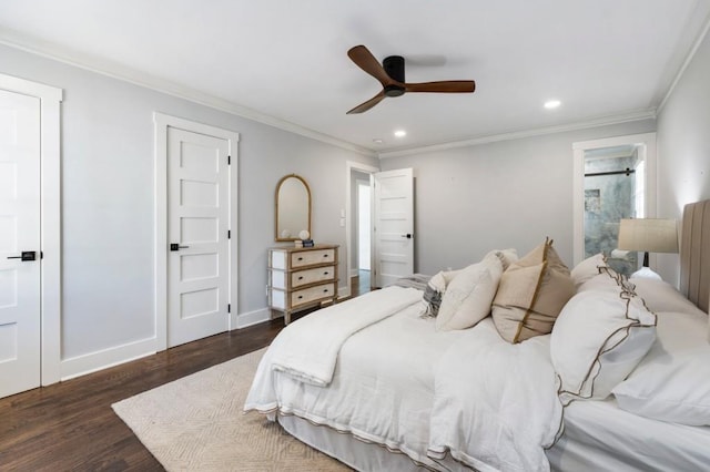 bedroom with wood finished floors, baseboards, recessed lighting, ceiling fan, and crown molding