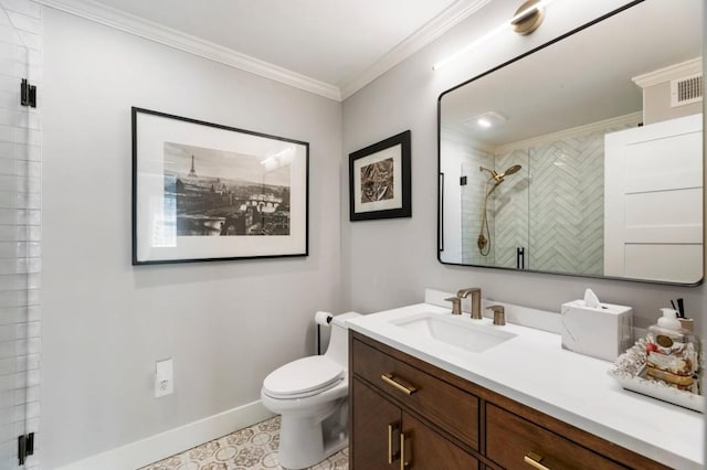 full bathroom featuring visible vents, baseboards, ornamental molding, tiled shower, and vanity