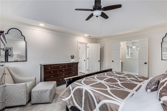 bedroom featuring carpet, lofted ceiling, recessed lighting, ornamental molding, and ceiling fan