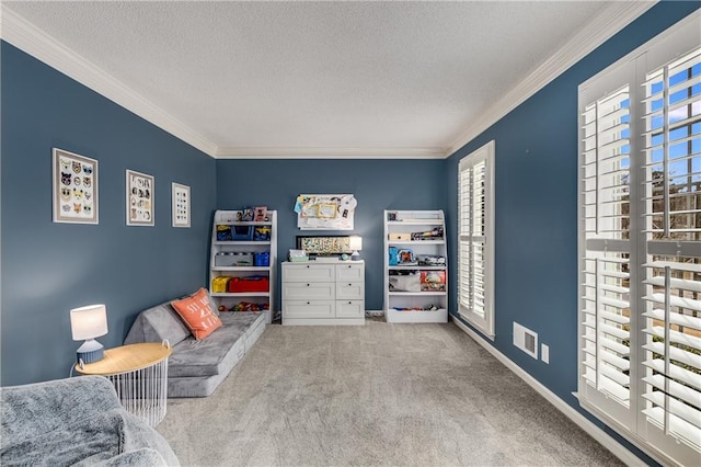 living area with carpet floors, visible vents, ornamental molding, and a textured ceiling