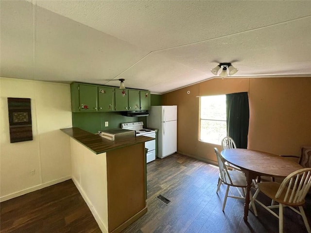 kitchen with dark wood-style flooring, under cabinet range hood, green cabinets, a peninsula, and white appliances