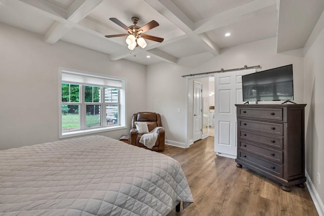 659 Creek Nation Rd, Jefferson, GA 30549 - bedroom with a barn door, coffered ceiling, wood finished floors, beam ceiling, and recessed lighting
