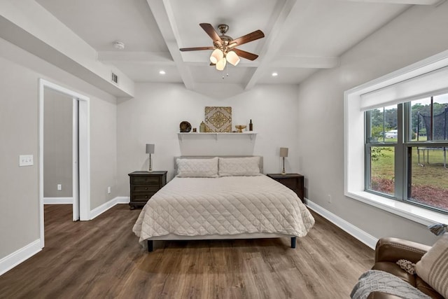 659 Creek Nation Rd, Jefferson, GA 30549 - bedroom with wood finished floors, coffered ceiling, beam ceiling, recessed lighting, and ceiling fan