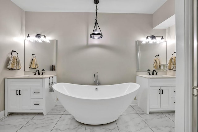 659 Creek Nation Rd, Jefferson, GA 30549 - full bathroom with marble finish flooring, a freestanding tub, and two vanities