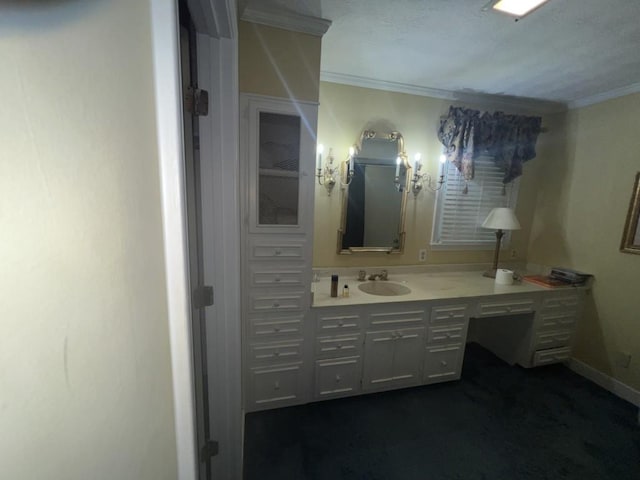 bathroom with vanity and crown molding