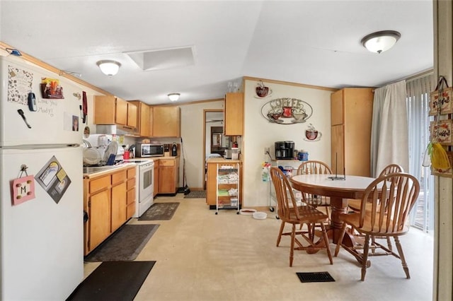 kitchen with crown molding, white appliances, and light brown cabinets